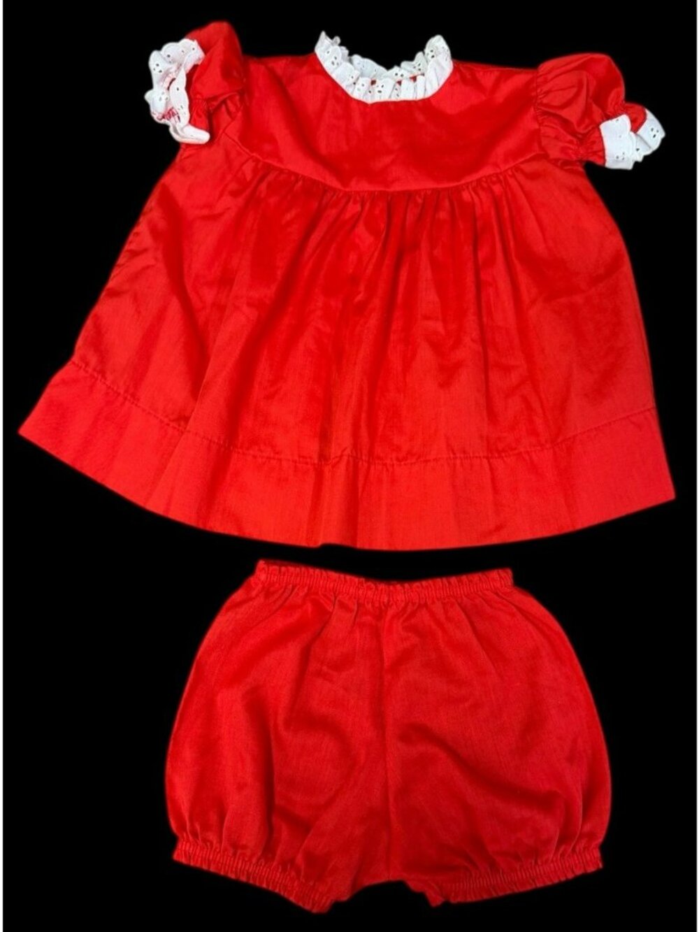 W/ BLOOMERS Vintage 1970s Bryan Red Baby Dress LARGE Fits 6-12M Lace Eyelet Trim